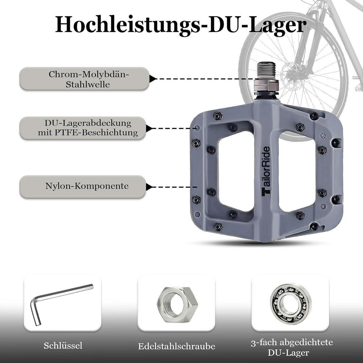FAHRRADPEDALE Grau 9/16 Zoll mit 16 rutschfesten Stiften - Grau, Kunststoff (9.5/2.5/10.5cm)