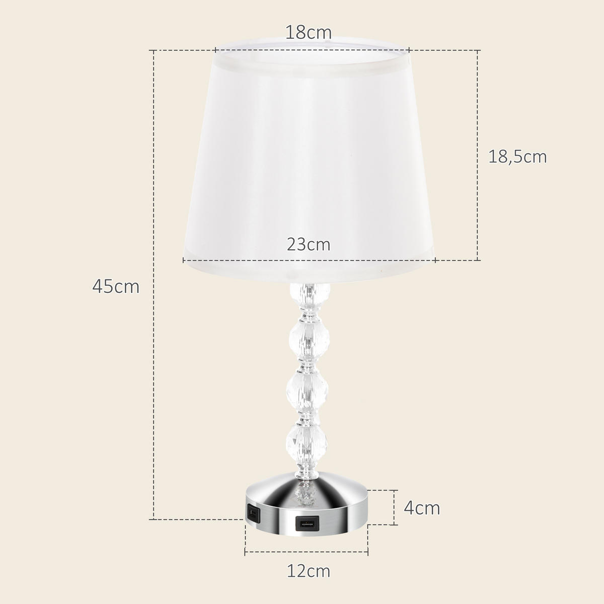 TISCHLAMPE LED Tischleuchte USB Aufladbar, Silber 23 x 23 x 45 cm - Weiß, Metall (23/23/45cm) - HOMCOM