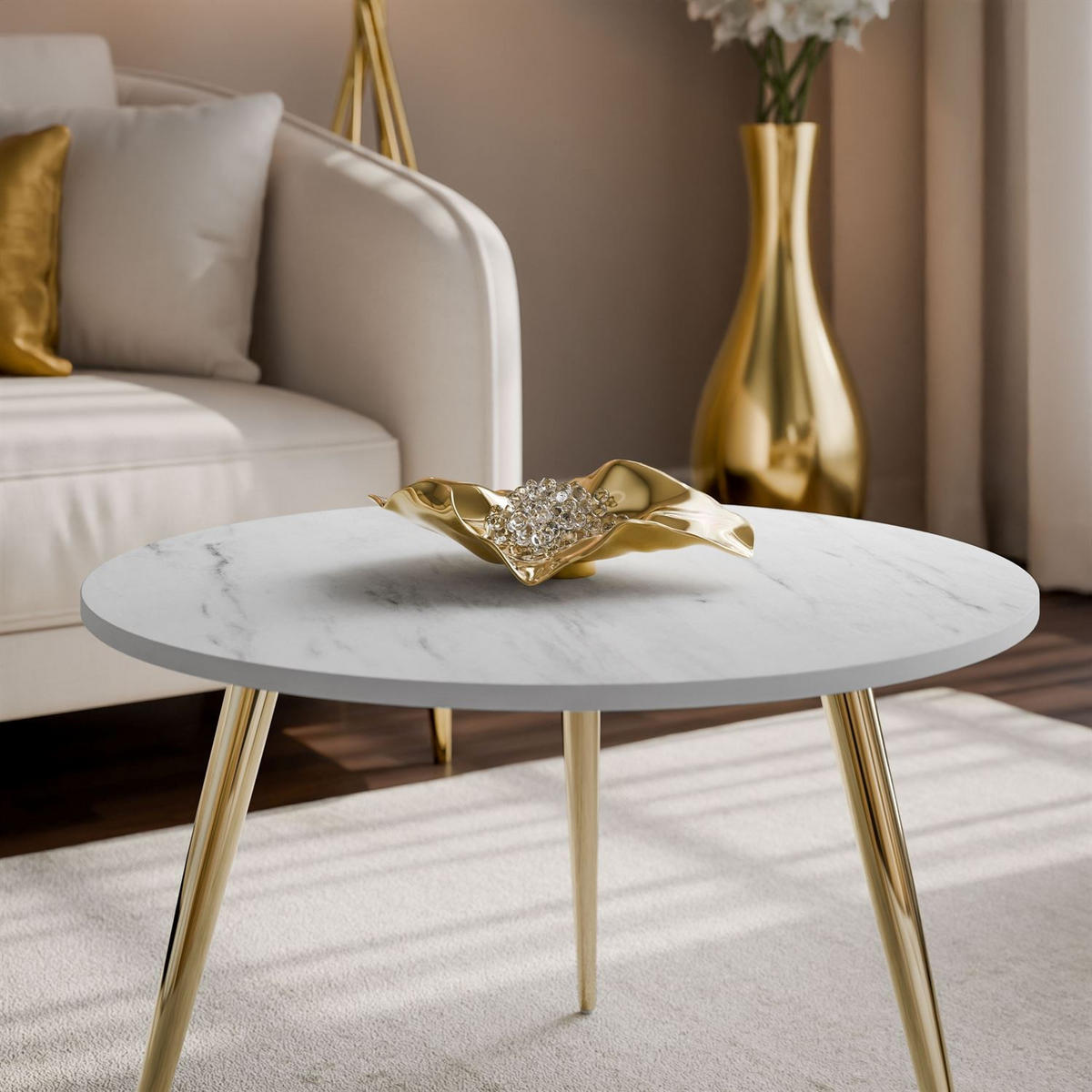 COUCHTISCH SOLEIL II aus Weiß Marmor auf goldenen Beinen - Weiß, Holzwerkstoff (60/60/47cm) - Lookway