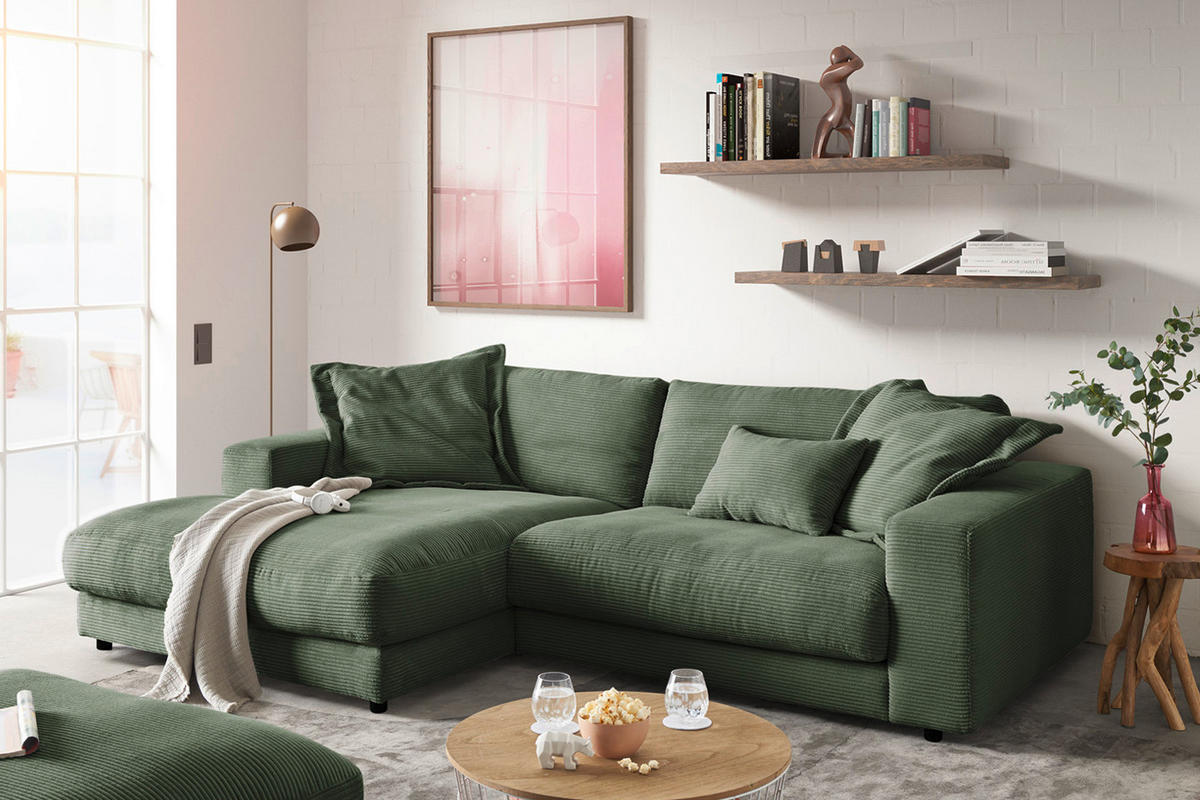 ECKSOFA MADELINE Grün Cord - Schwarz/Olivgrün, Kunststoff/Textil (270/190cm) - KAWOLA