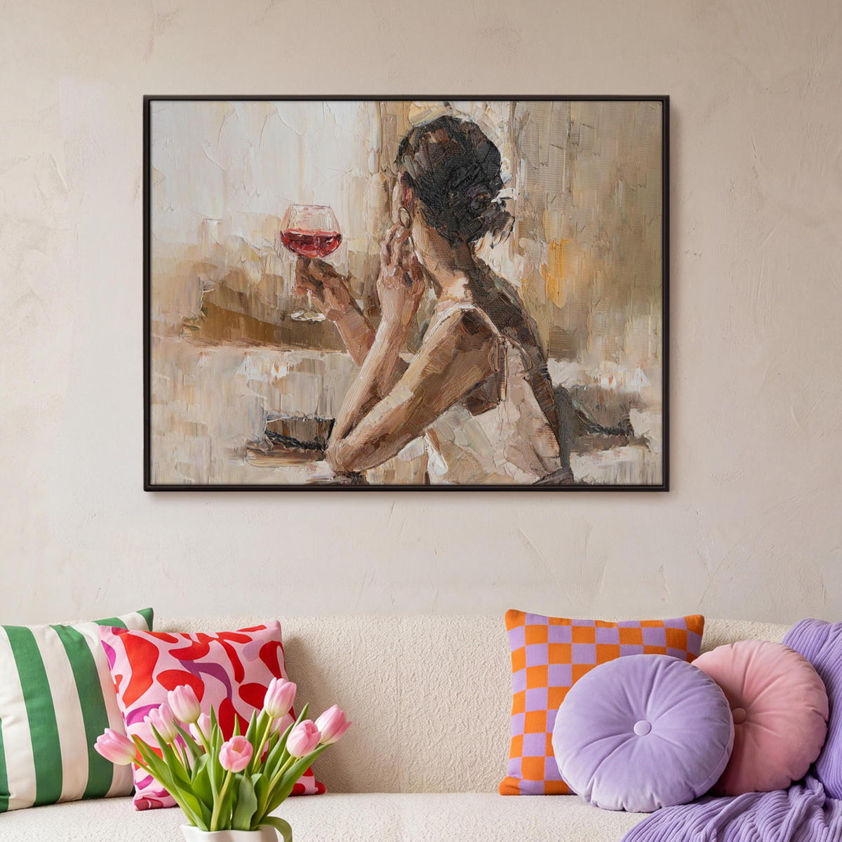 LEINWAND Bilder mit Rahmen - Ölgemälde - Frau - Wein - 100x70 - Hellbraun, Textil (100/70cm) - MuchoWow