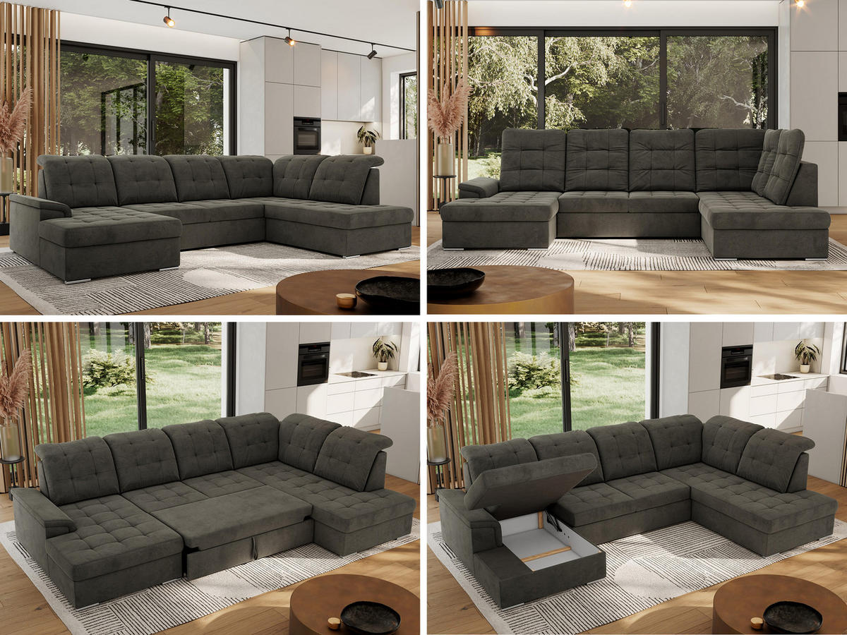 WOHNLANDSCHAFT MADRITO U - Dunkelgrau Velorus - Rechts - Dunkelgrau/Silberfarben, Textil/Metall (323/89/204cm) - MKS