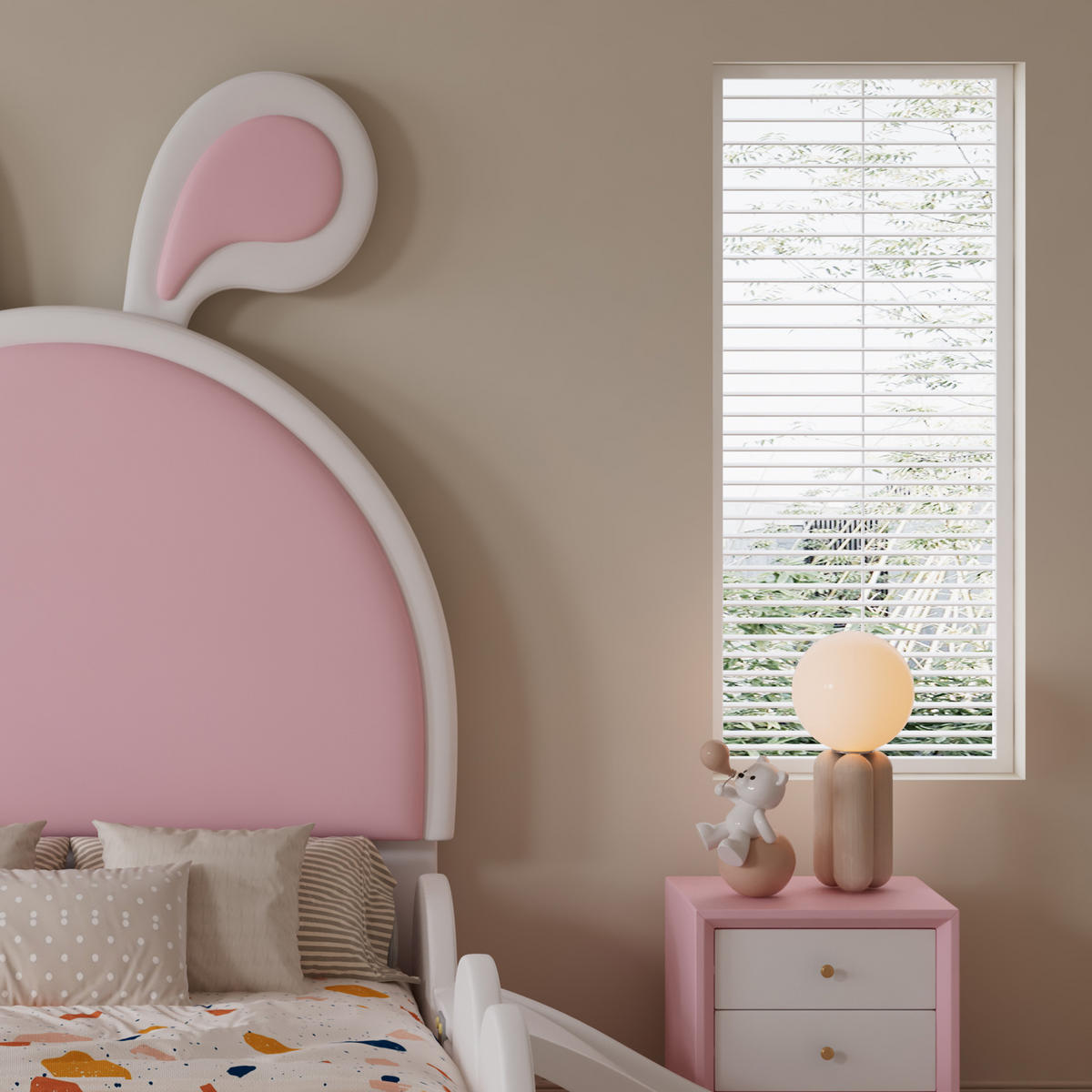KINDER Polsterbett 90x200 mit Hasen-Design, Rutsche/Treppe, Einzelbett aus Kunstleder, weich, austauschbare Seiten, Spielbett, weiß-rosa - Rosa, Kunststoff (90/200cm)