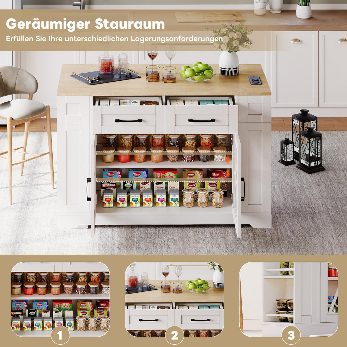 KÜCHENINSEL 120/92/40(65) cm Weiß/Natur aus MDF mit Klapptisch - Weiß, Holzwerkstoff (65/92/120cm) - OKMYHOME