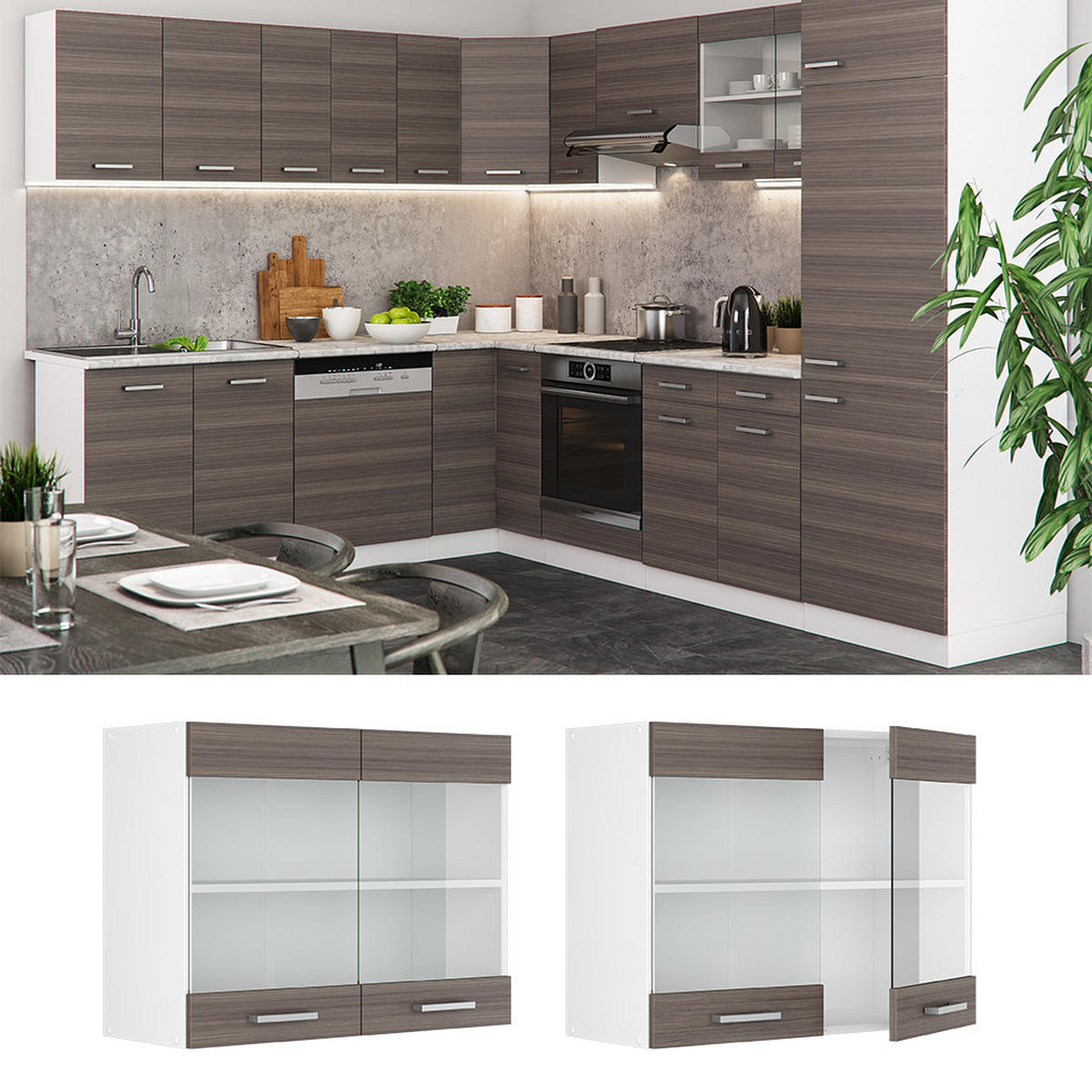 KÜCHENGLASSCHRANK R-Line Grau 80 cm - Weiß/Braun, Holzwerkstoff (80/60/31cm) - Vicco