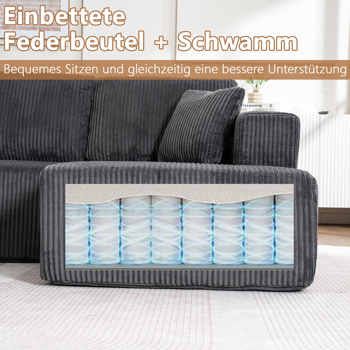 WOHNLANDSCHAFT Cord Grau mit Schlaffunktion und mit Kissen - Grau, Textil (332/88/156cm) - WISHDOR