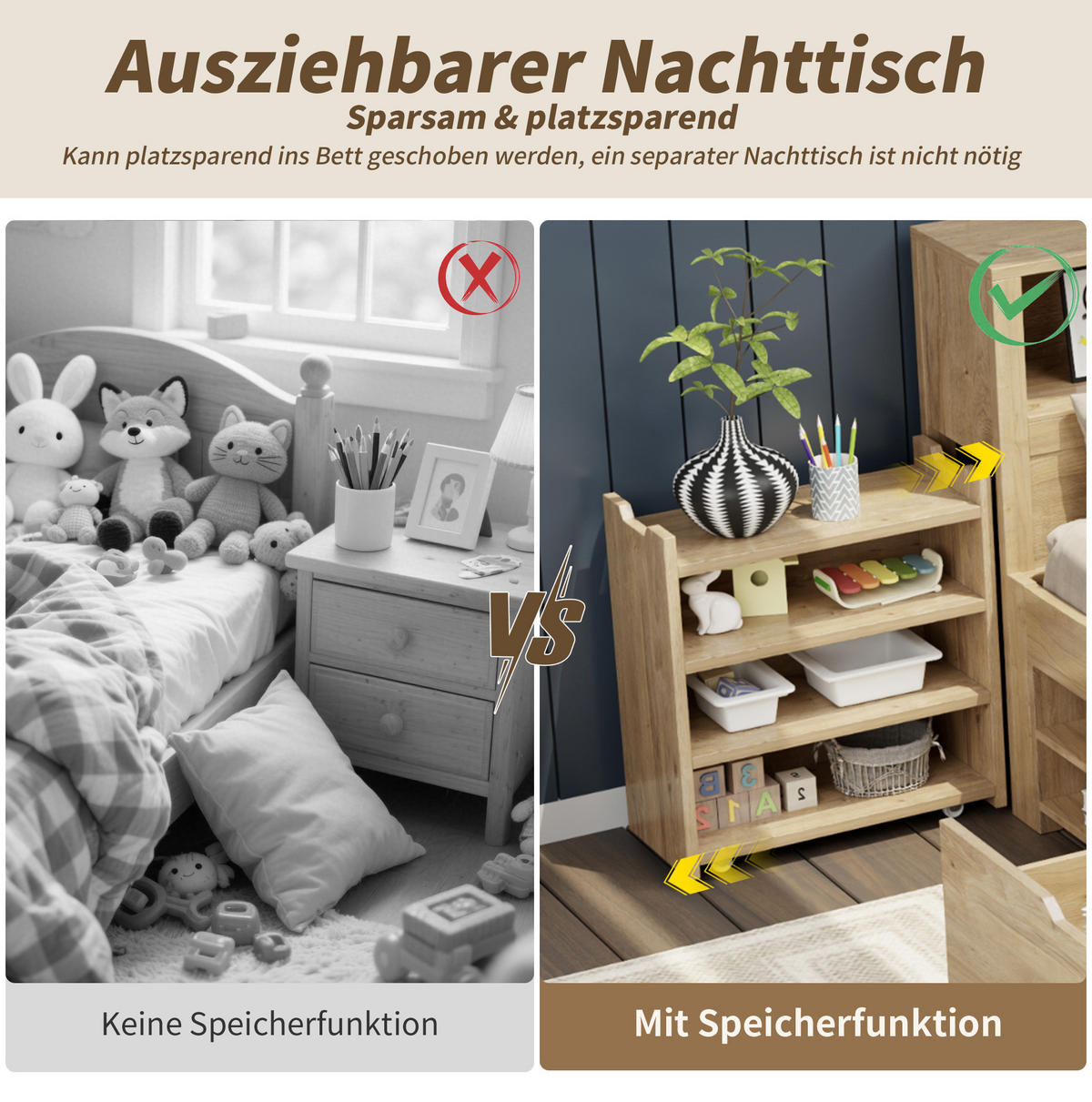 KINDEREINZELBETTEN aus Sperrholz 90x200 cm in Natur mit Stauraum - Naturfarben, Holzwerkstoff (90/200cm) - Modfu