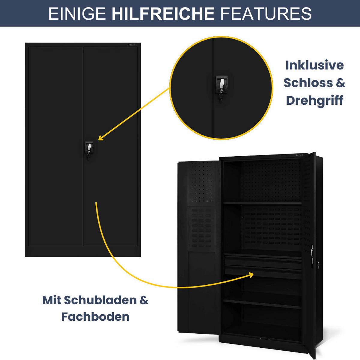 WERKZEUGSCHRANK mit Lochwand AESO 185x92x50cm Schwarz - Schwarz, Metall (92/185/50cm) - DELUKE