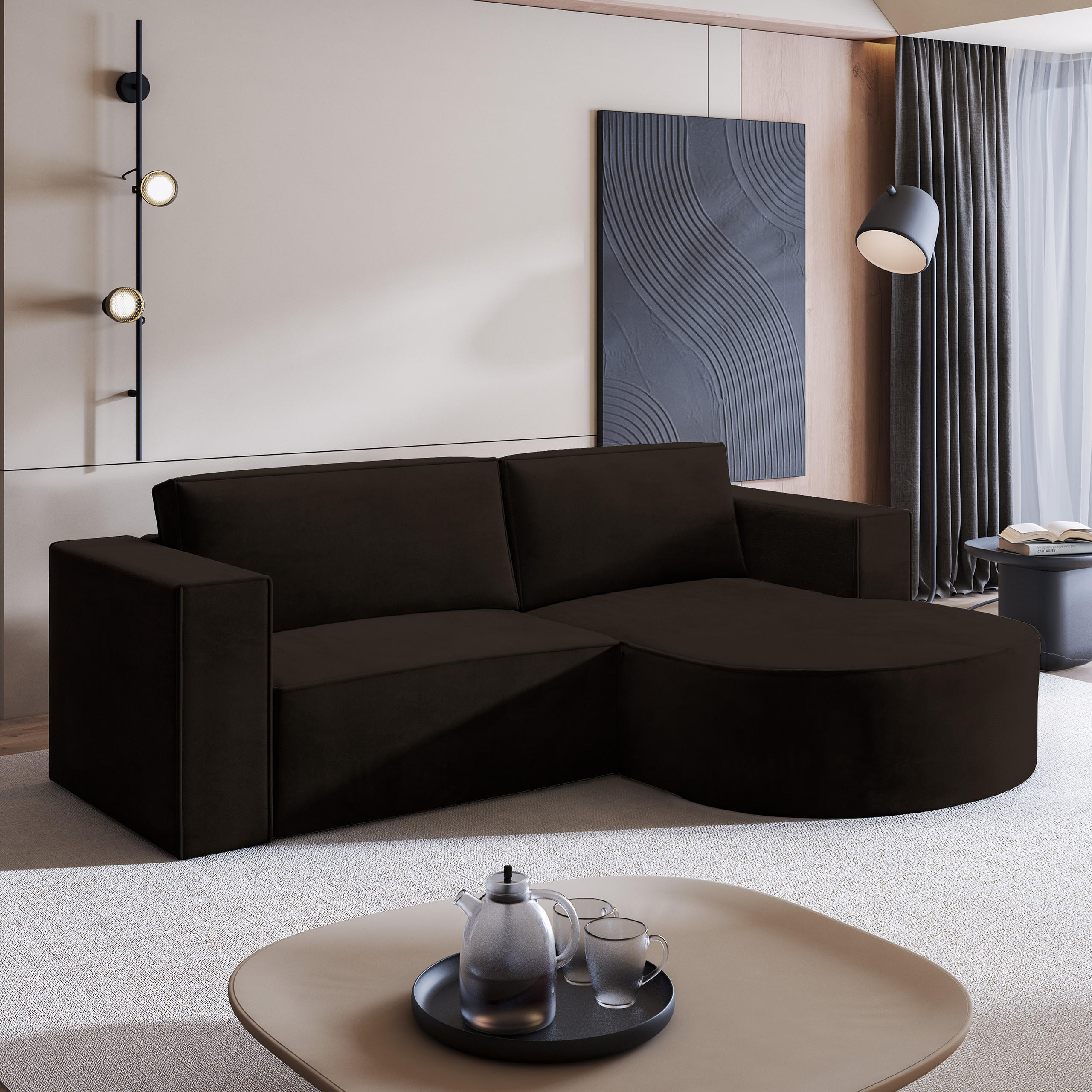 ECKSOFA SORELA M R-S Braun Velours-Stoff mit Schlaffunktion - Braun, Holz (263/174cm) - MASSENO