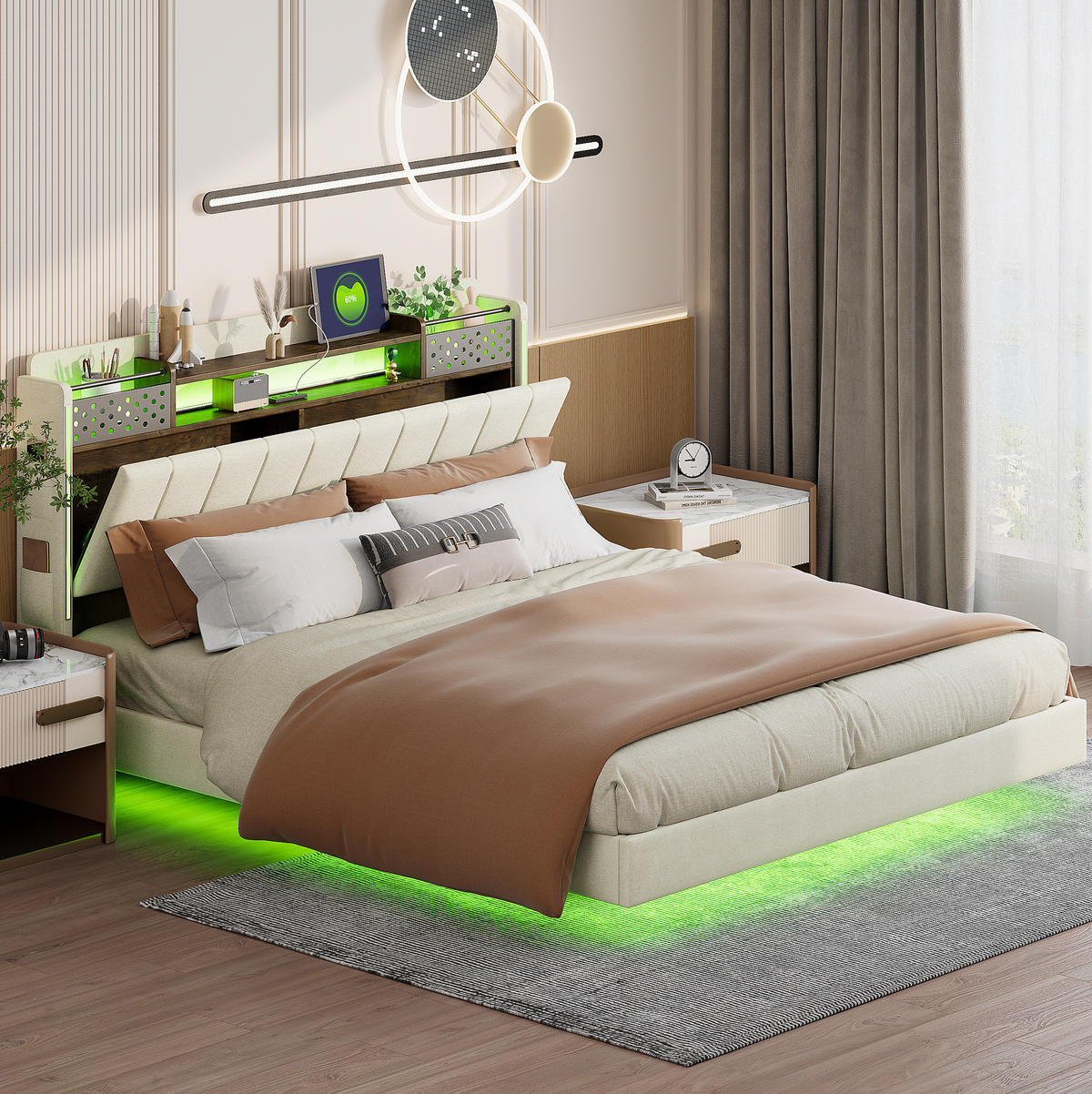 POLSTERBETT 160/200 cm Beige aus Leinenstoff mit LED und USB - Beige, Textil (160/200cm) - OKMYHOME