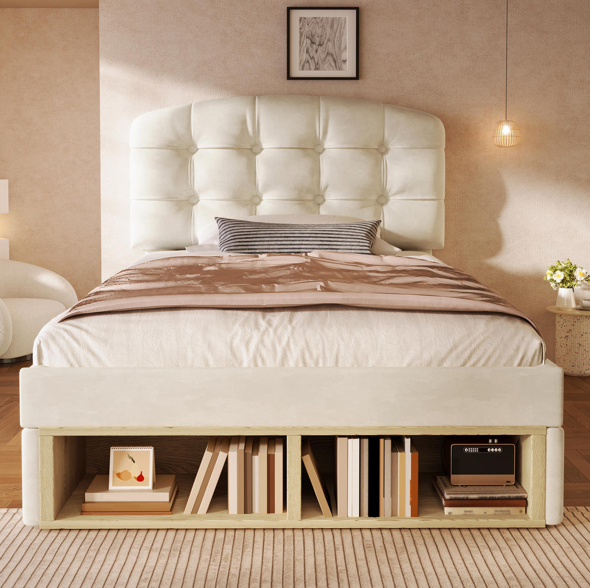 BETT mit Stauraum und Schubladen 90x200 cm Samt Beige - Beige, Metall (90/200cm) - Meubliv