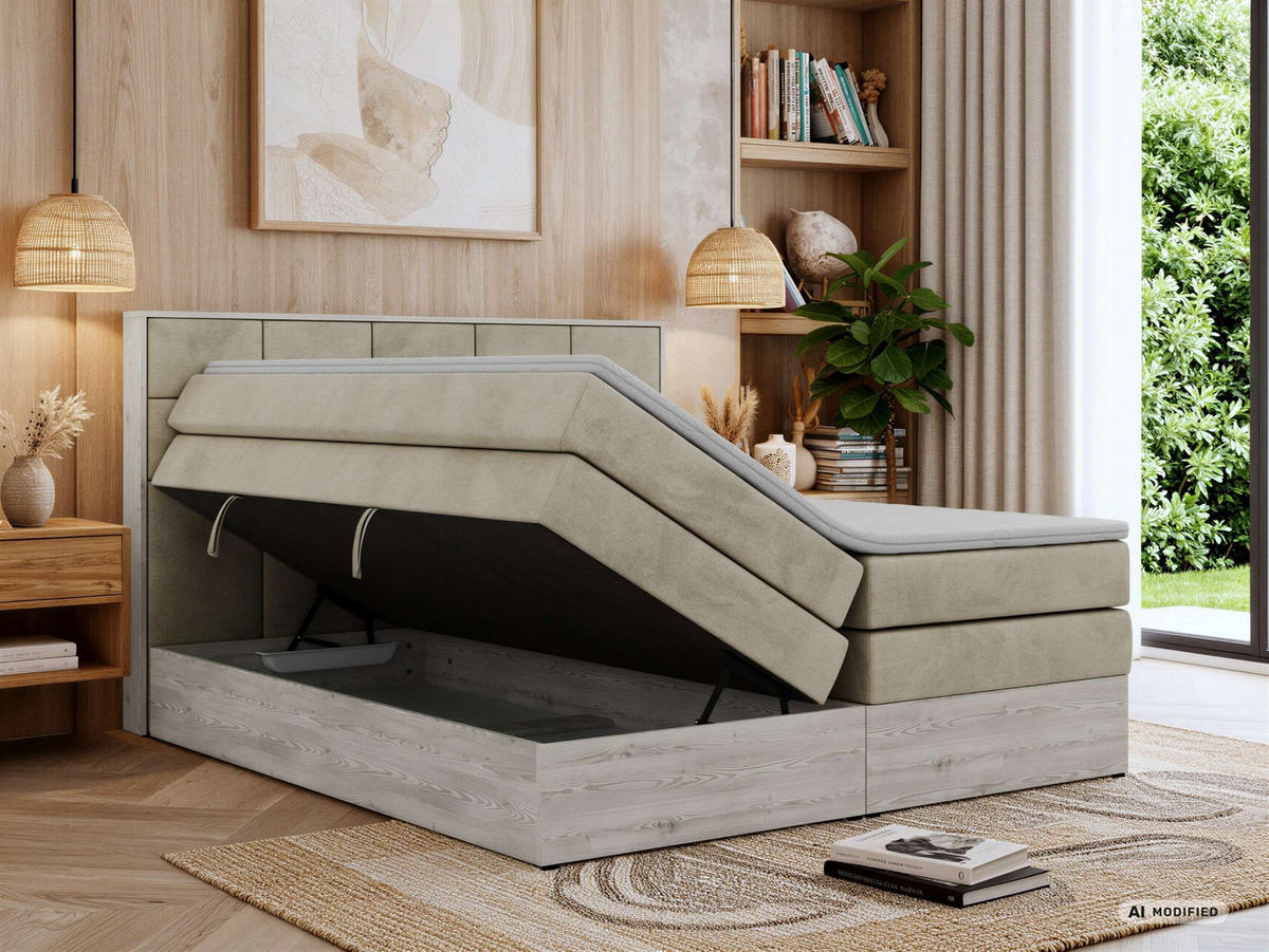 BOXSPRINGBETT ALNOR KING 160/200 - Beige Velvet - Topper T25 - H4 - Beige/Schwarz, Kunststoff/Textil (160/200cm) - MKS