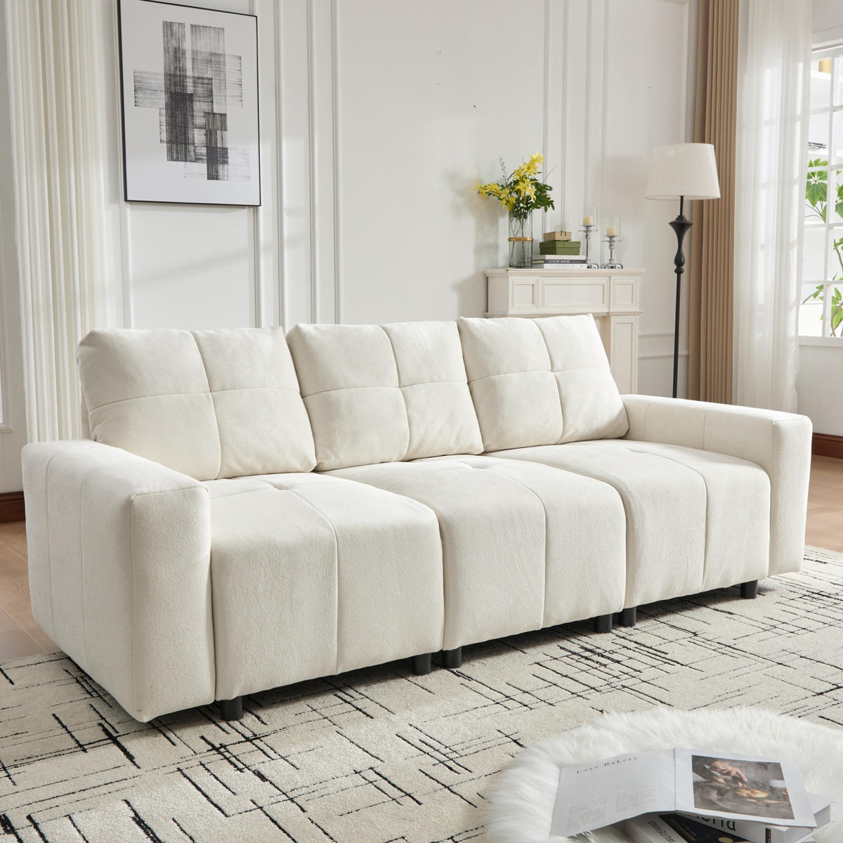 SOFA mit Schlaffunktion 213 cm Chenille Beige White 3-Sitzer - Beige, Kunststoff (213/84/94cm) - Meubliv