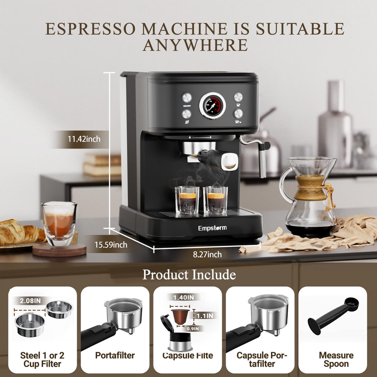 ESPRESSOMASCHINE 20 Bar mit Kapsel- und Pulverfunktion - Schwarz, Metall (27/21/29cm) - Rolipo