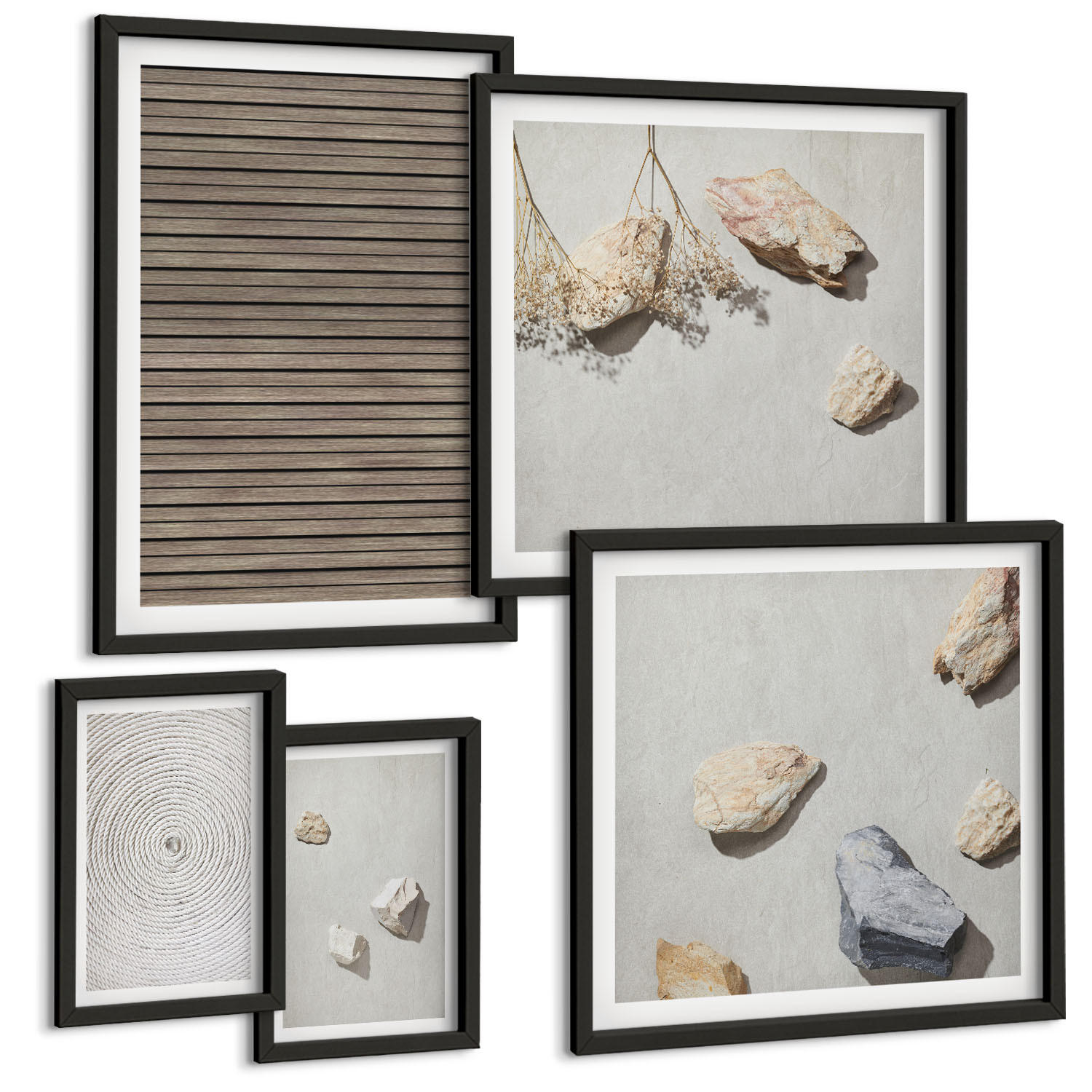BILDER SET 5er Set - 50x50 cm & 20x30 cm & 40x60 cm Schwarzer Rahmen - Natürliche Texturen Holz Steine - Schwarz, Kunststoff (40/60cm) - TULUP