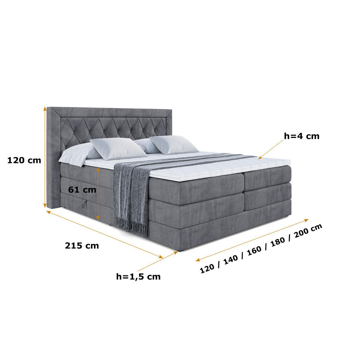 BOXSPRINGBETT NOEL KING - 120 x 200 - H3/H4 - Dunkelgrau - Dunkelgrau, Holzwerkstoff (120/200cm) - ALTDECOR