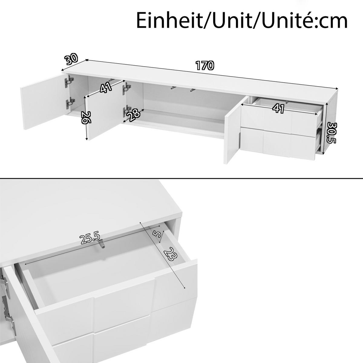 TV Lowboard 170 cm, 3 Türen, 2 Schubladen, Weiß - Weiß, Holz (170/30/30cm)