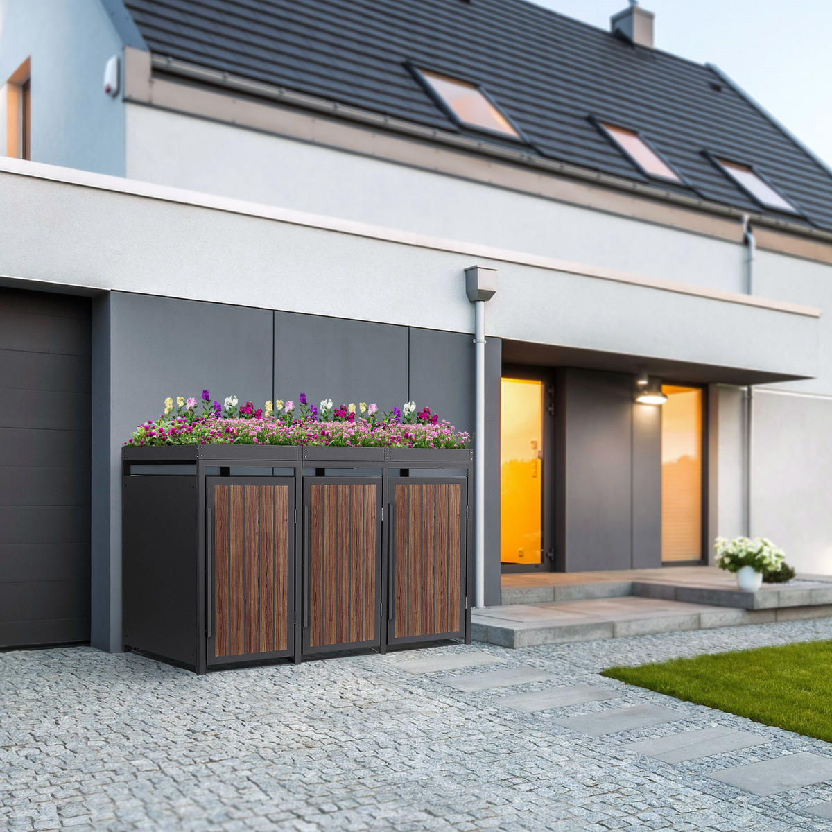 MÜLLTONNENBOX 3er mit Pflanzdach 240L Anthrazit-Holzoptik aus Stahl - Dunkelbraun, Metall (80/124/196cm) - ML-DESIGN