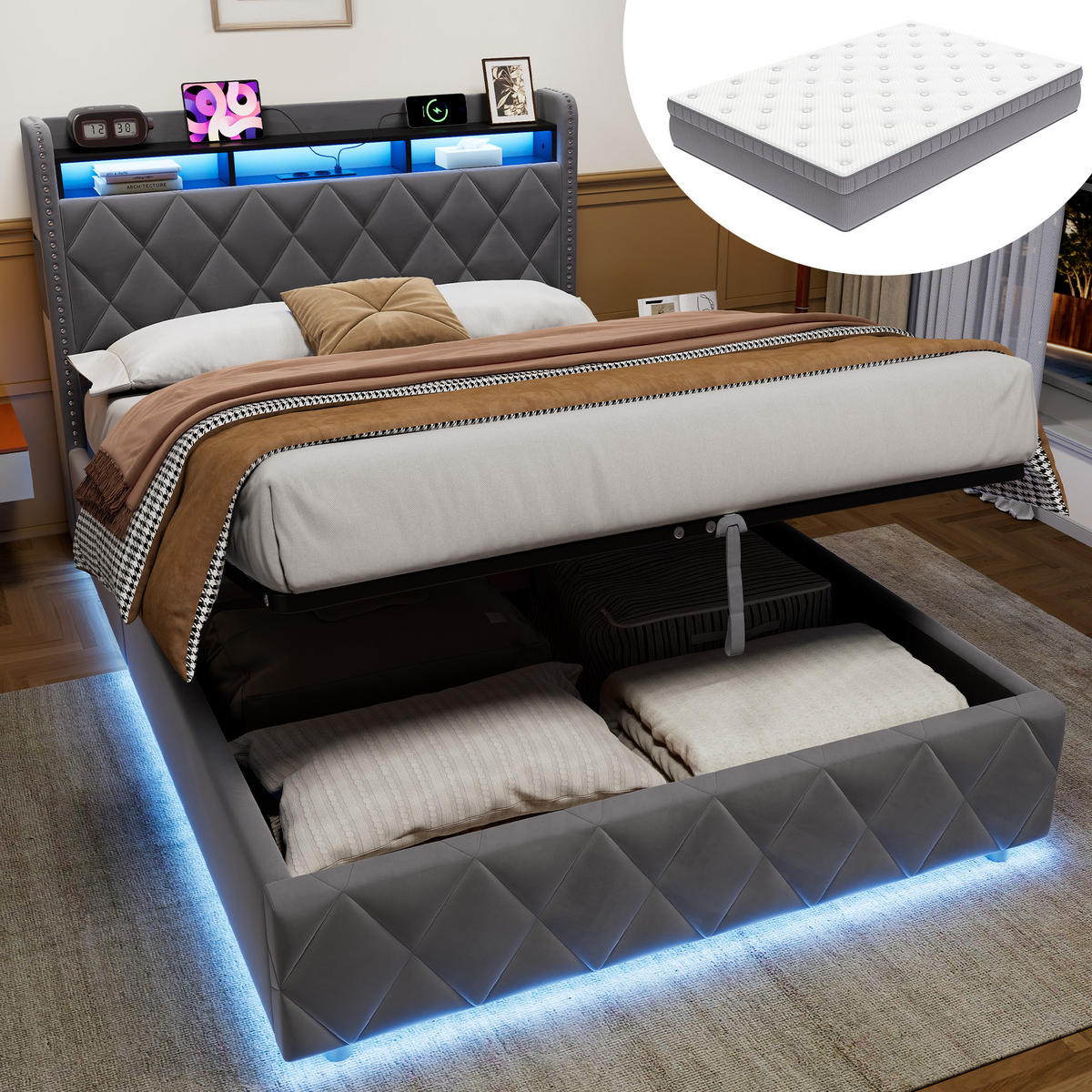 POLSTERBETT 140×200 mit LED-Beleuchtung, Bettkasten und Matratze - Grau, Holzwerkstoff/Textil (140/200cm) - EVRYAE