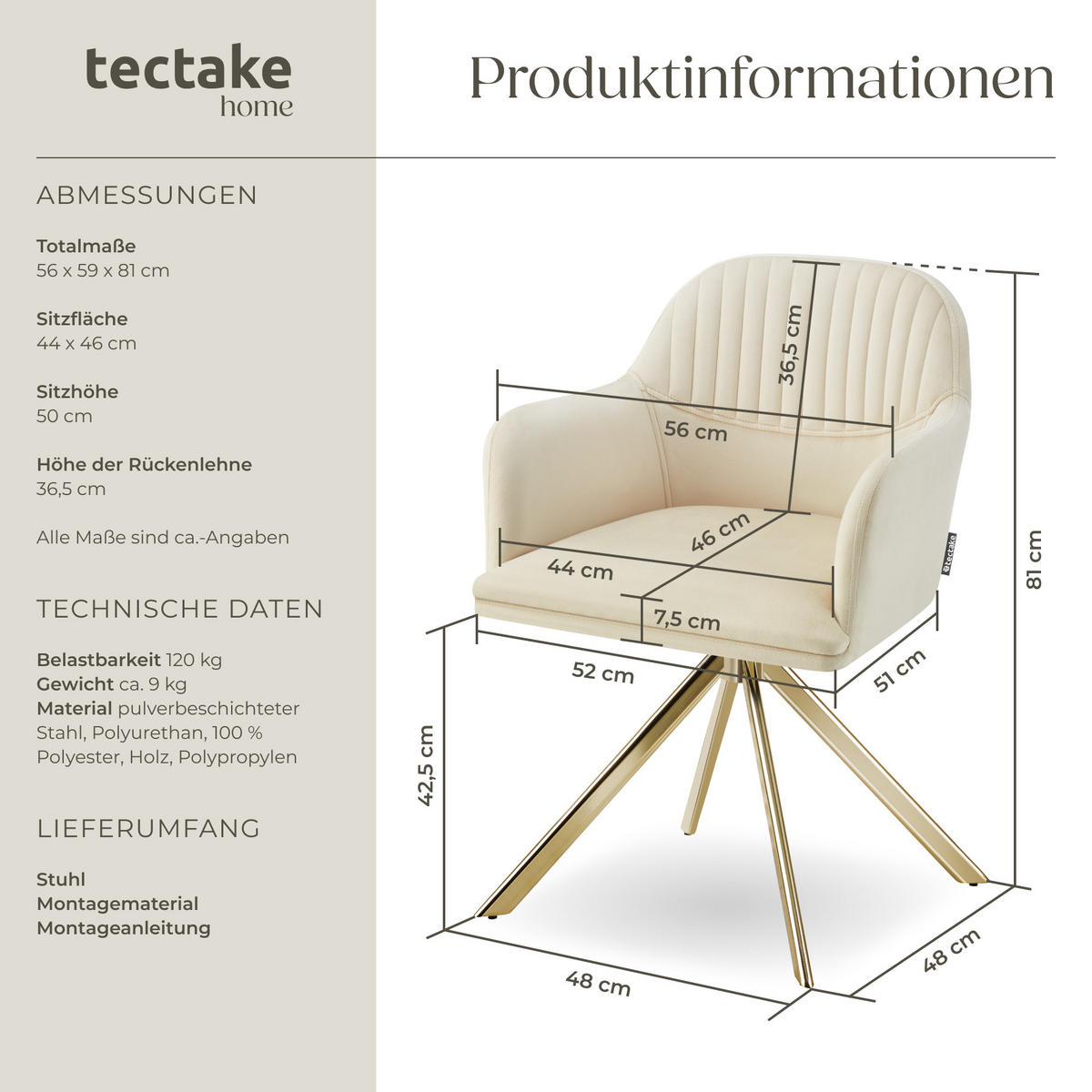 DREHSTUHL Lona 56 x 59 x 81 cm créme/gold - Goldfarben/Creme, Textil (56/81/59cm) - tectake