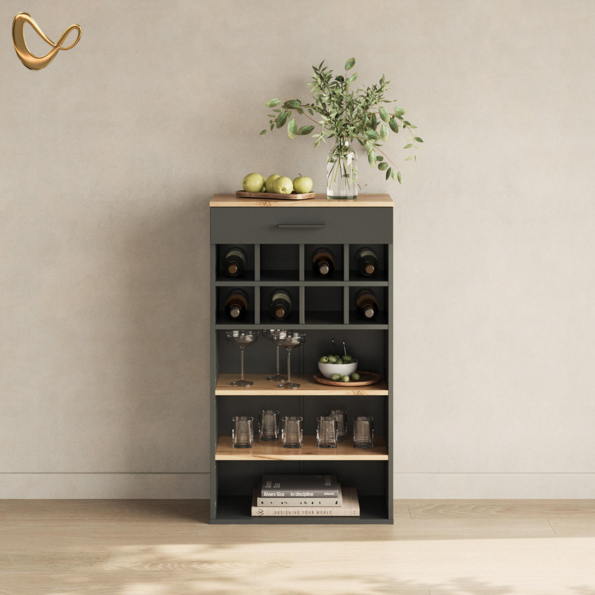WEINREGAL Regusa Goldkraft Eiche/Anthrazit 60 x 106 cm - Honigeiche/Anthrazit, Holzwerkstoff (60/106/34.5cm) - Livinity®