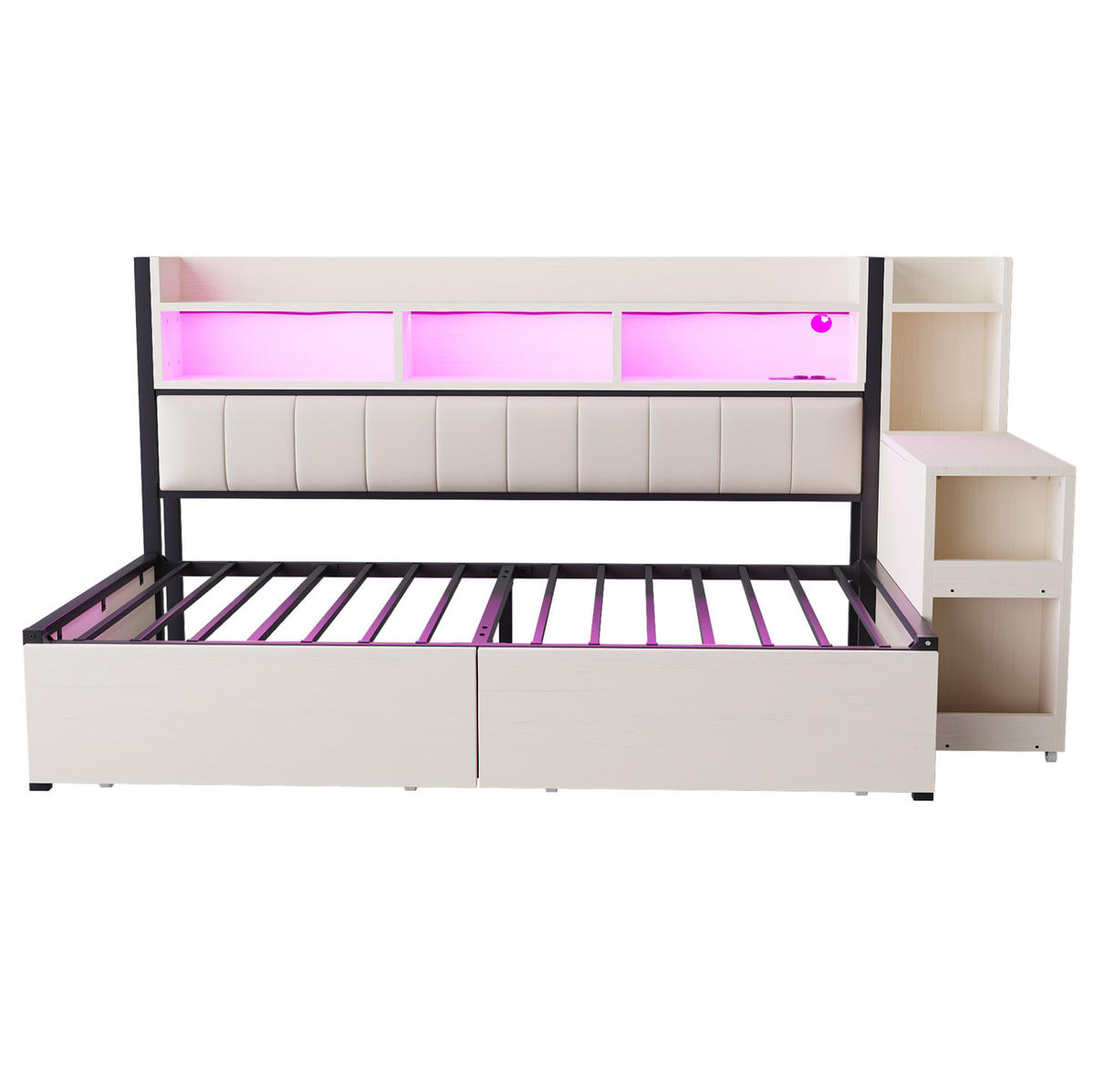 JEDNOLŮŽKOVÁ postel 90/200 cm bílá v dekoru dřeva z kovu a dřeva s úložným prostorem a stolem - bílá, kov (90/200cm) - OKWISH