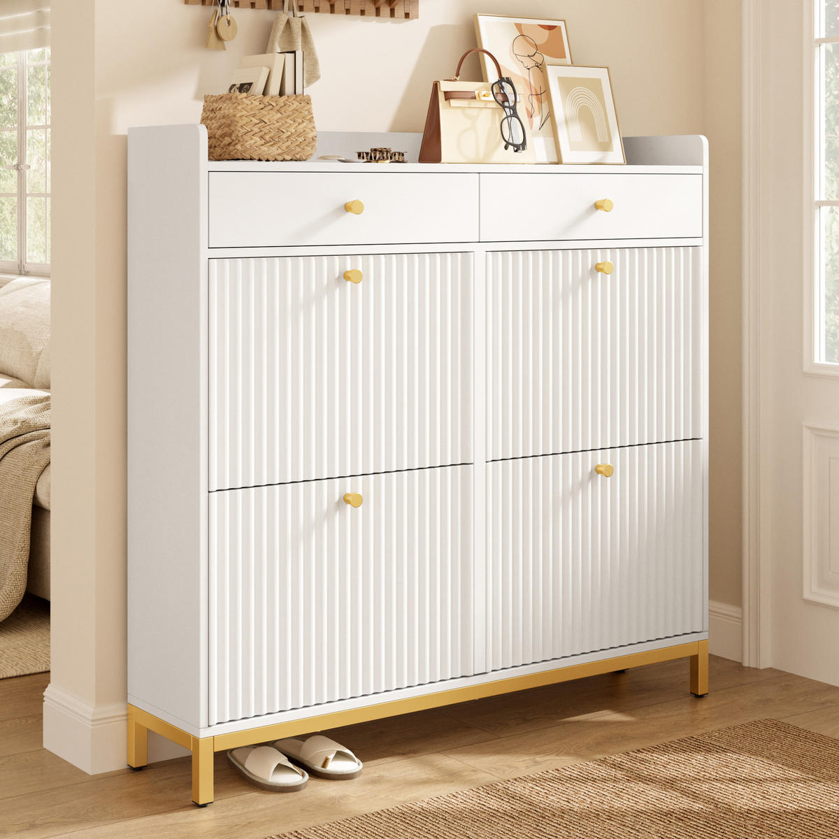 SCHUHSCHRANK 106.5x25x107cm Weiß mit 4 Klappen, 2 Schubl. - Weiß, Holzwerkstoff (106.5/107/25cm) - FLIEKS