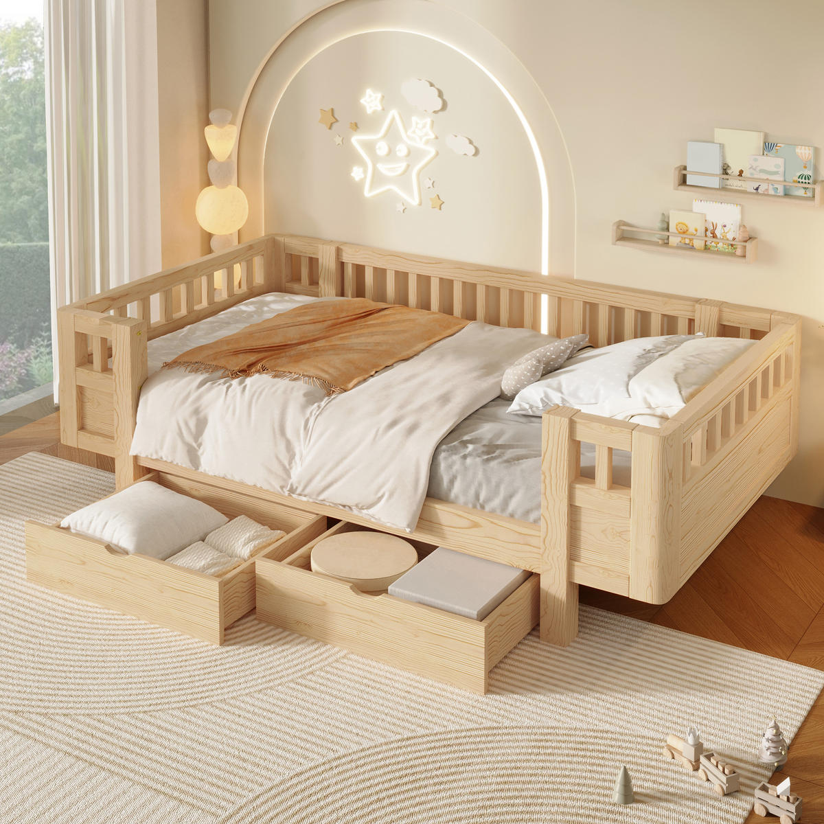 KINDERBETT 90/200 cm in Holzfarbe mit 2 Schubladen Massivholz Skandinavisches Design - Naturfarben, Holzwerkstoff (90/200cm) - STILVORA