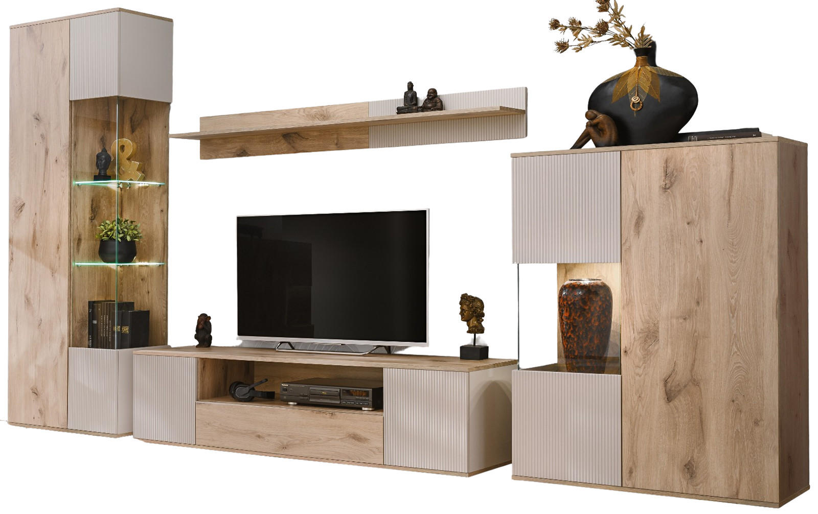 WOHNWAND Eiche, Kaschmir 4-teilig 350 cm, Schrankwand inklusive Beleuchtung - Kaschmir/Eichefarben, Glas/Holzwerkstoff (350/197/45cm) - Inn.Furn