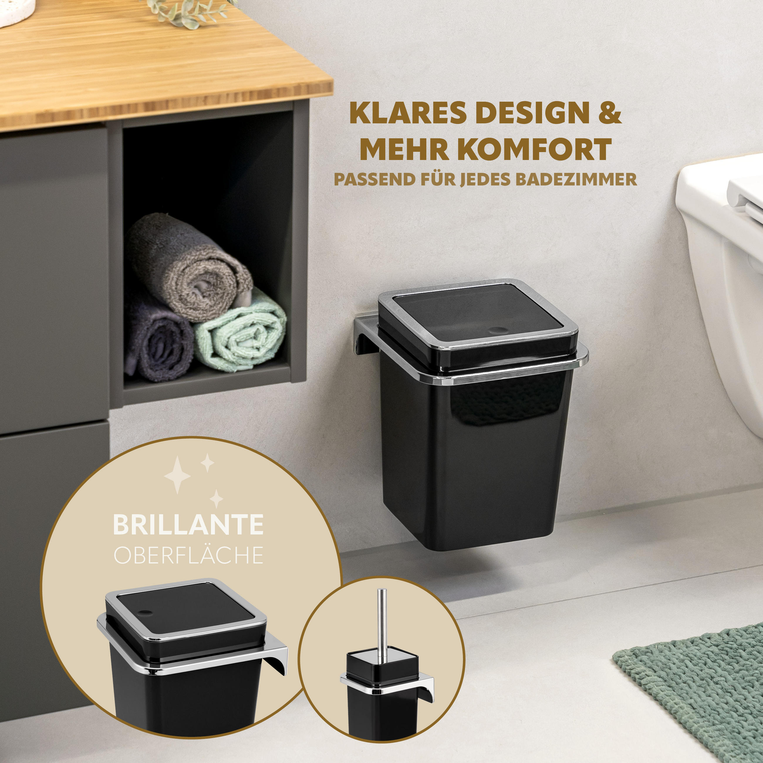 BAD-SET 2tlg. Kosmetikeimer WC-Bürste zur Wandmontage, schwarz - Schwarz, Kunststoff (10/36.5/10cm) - bremermann