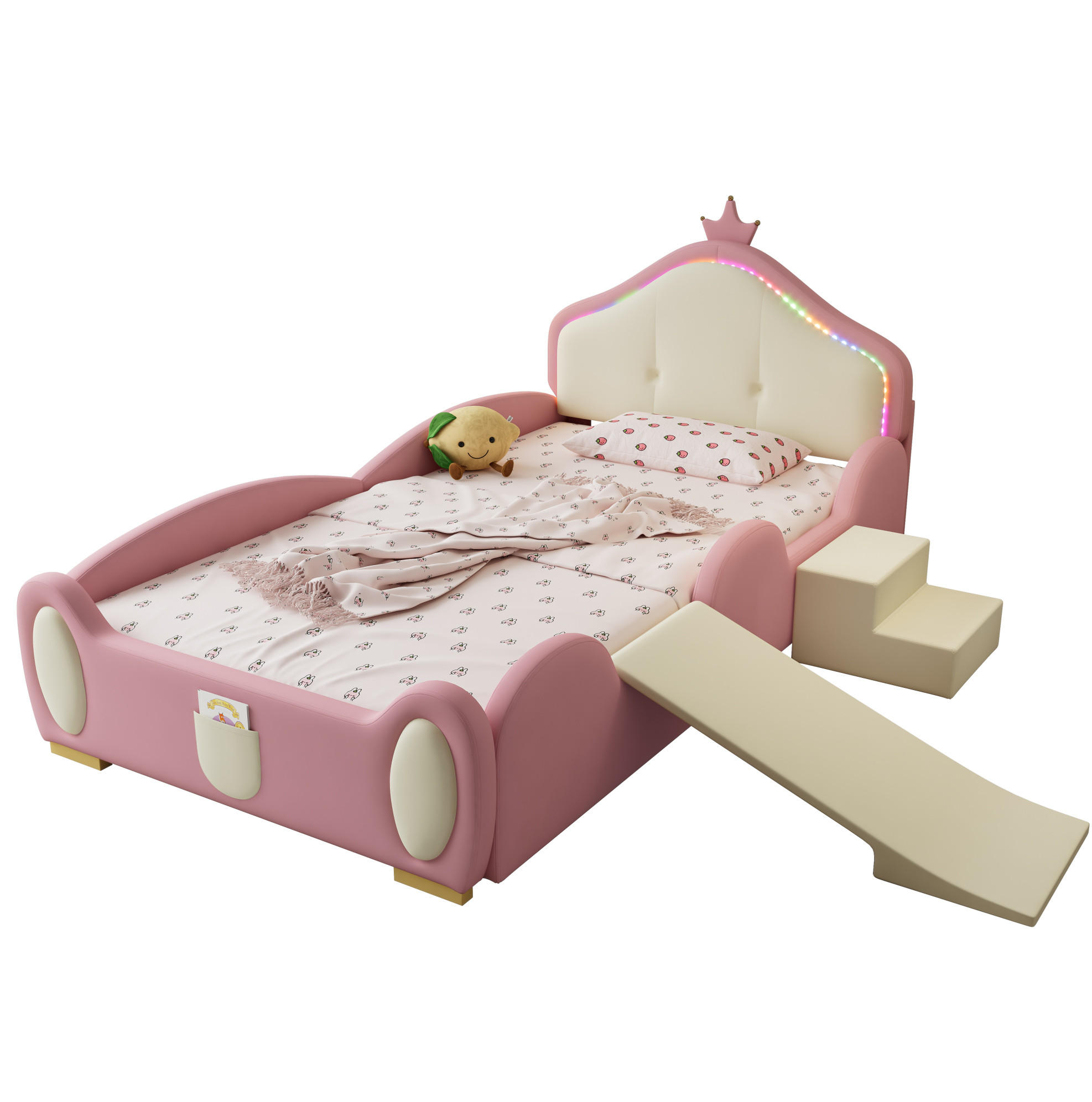 KINDERBETT 90/200 cm Crown Cartoon Rosa mit Rutsche und LED-Beleuchtung aus PU - Rosa, Kunststoff (90/200cm) - OKWISH