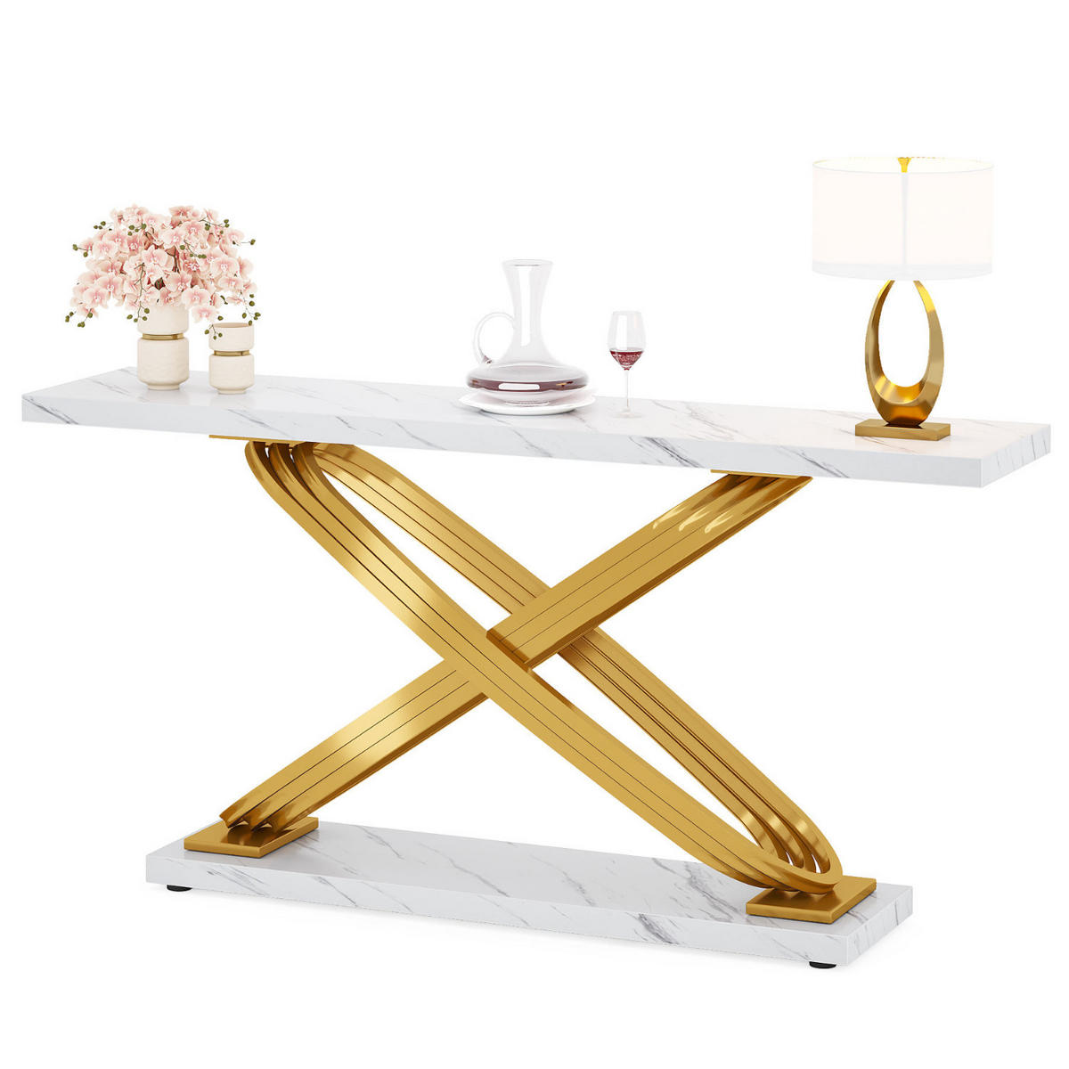 KONSOLENTISCH Marmoroptik Weiß Metall Gold 140×30×80 cm - Weiß Hochglanz/Goldfarben, Holzwerkstoff/Metall (30/140/80cm) - Quality Elegance