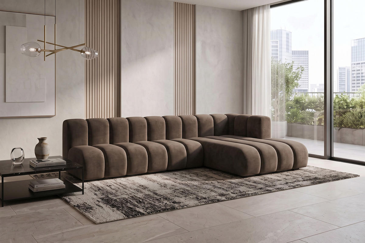 ECKSOFA Modulares In L-Form, Velvet-Stoff Riviera, Braun, Rechts, GRAND 295 cm - Braun, Holz (295/179cm) - Kaiser Möbel