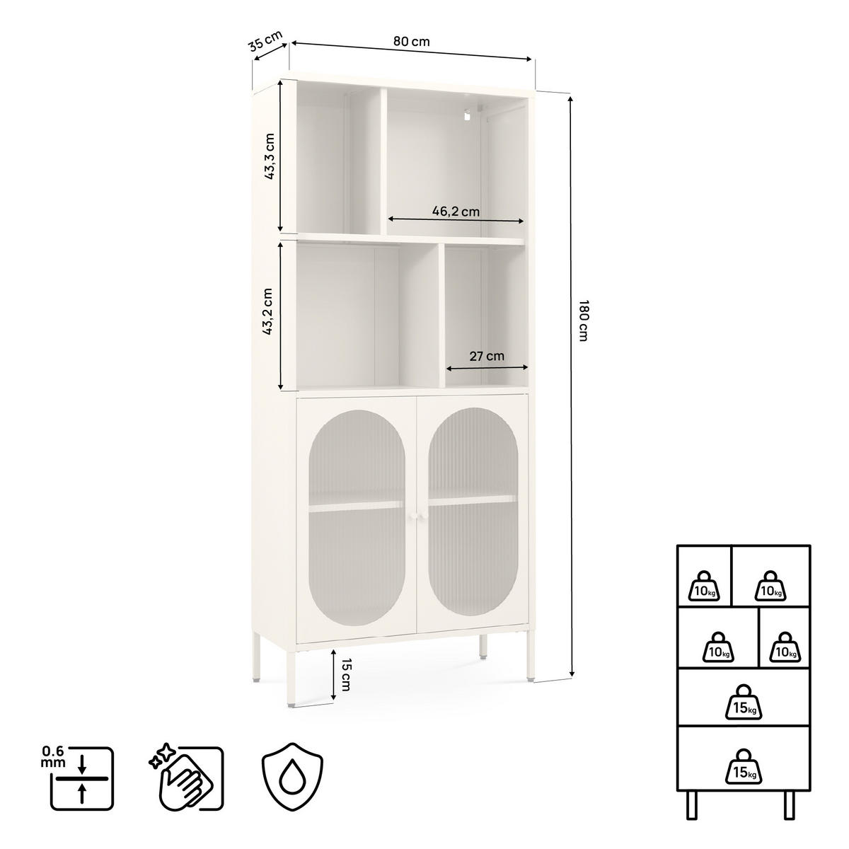 BÜCHERREGAL Metall industriell MILIE, 180 cm hoch, 2 Türen, 4 Nischen, beige und geriffeltes Glas - Beige, Metall (80/180/35cm) - Sicaan