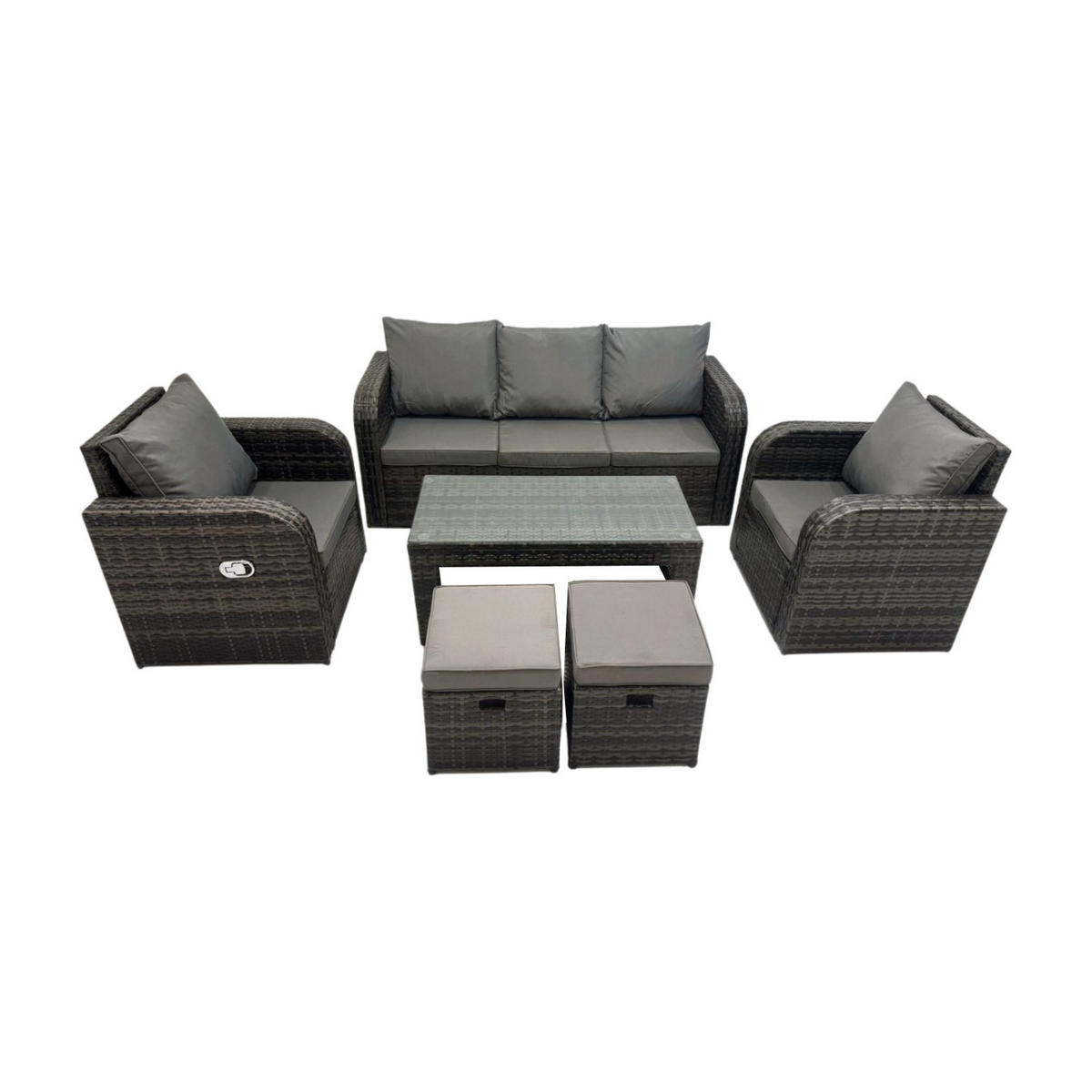GARTENMÖBEL SET Mit Sofa Polyrattan 7-Sitzer Dunkelgrau - Dunkelgrau/Grau, Glas/Kunststoff - Fimous