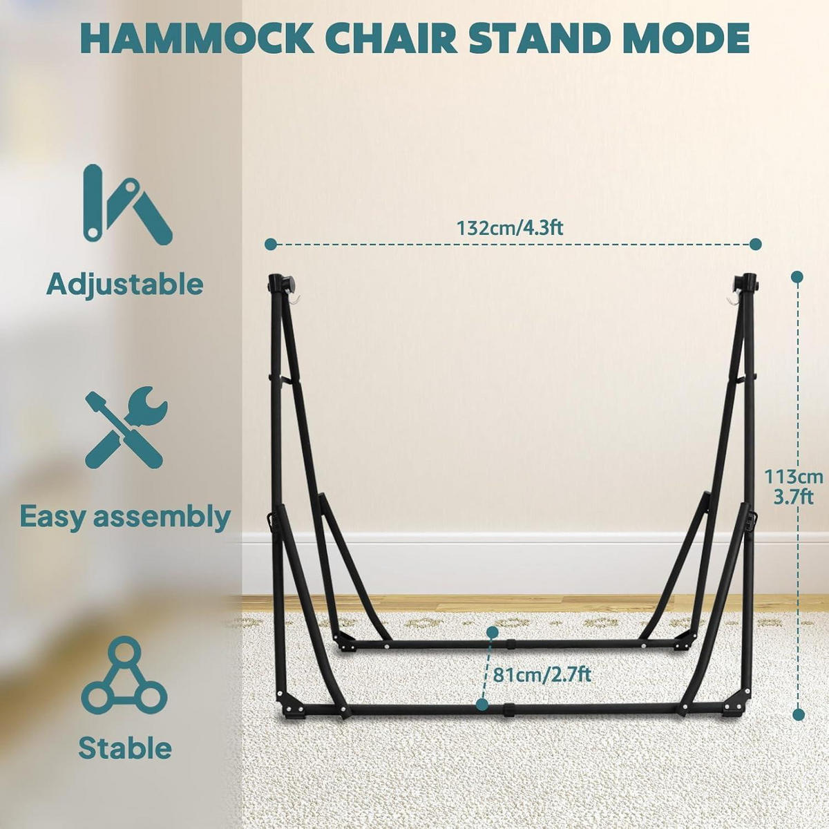 HÄNGEMATTEN- und Hängesessel-Set mit klappbarem Gestell, 2-in-1-Funktion, belastbar bis 200 kg, Schwarz/Grün - Multicolor, Metall (130/2.5/180cm)