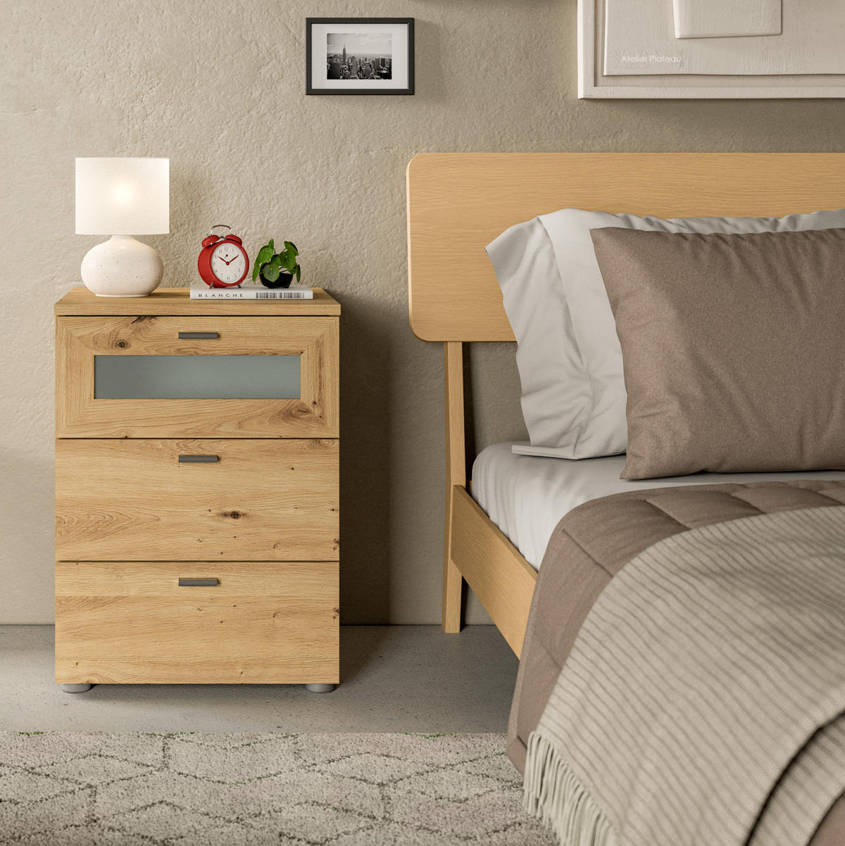 NACHTTISCH Eiche Artisan Komforthöhe 60 cm, 3x Schublade mit Vollauszug - Silberfarben/Eiche Artisan, Glas/Holzwerkstoff (45/60/40cm) - Inn.Furn
