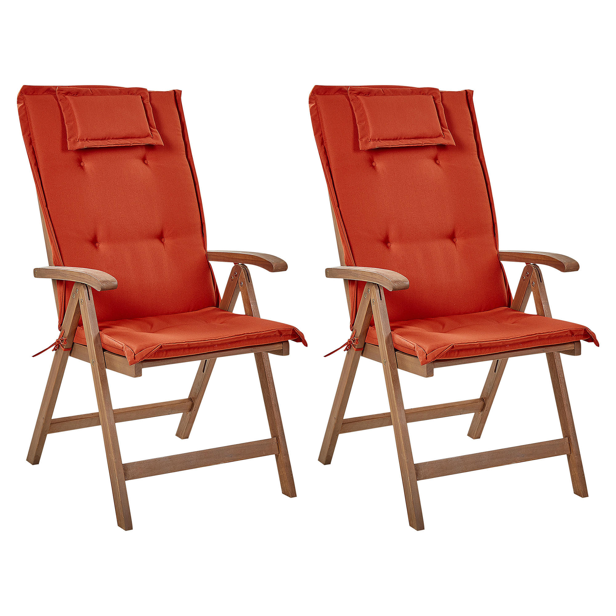 GARTENSTUHL 2er-SET Akazienholz dunkelbraun Auflagen rot Amantea - Dunkelbraun/Rot, Holz (54/105/69cm) - Beliani