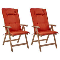 GARTENSTUHL 2er-SET Akazienholz dunkelbraun Auflagen rot Amantea - Dunkelbraun/Rot, Holz (54/105/69cm) - Beliani