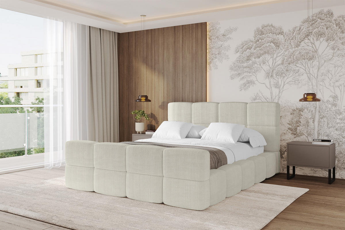 POLSTERBETT mit Bettkasten und Lattenrost, Bett mit Kopfteil, Boxbett ohne Matratze, Doppelbett mit Stauraum - NATA-Z 120x200 Creme - Ecru, Holzwerkstoff/Textil (120/200cm) - ALTDECOR