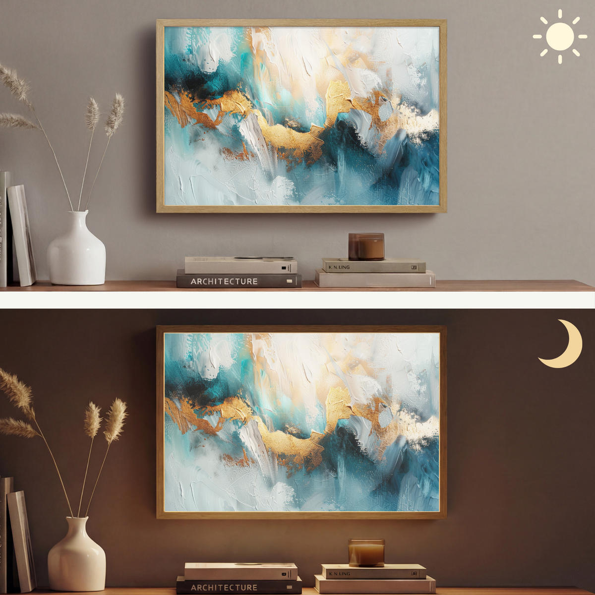 NÁSTĚNNÁ LAMPA S AKUMULÁTOREM Abstraktní - umění - zlatá - modrá 60x40 cm - tyrkysová, kompozitní dřevo (60/40/8cm) - OnlyWow