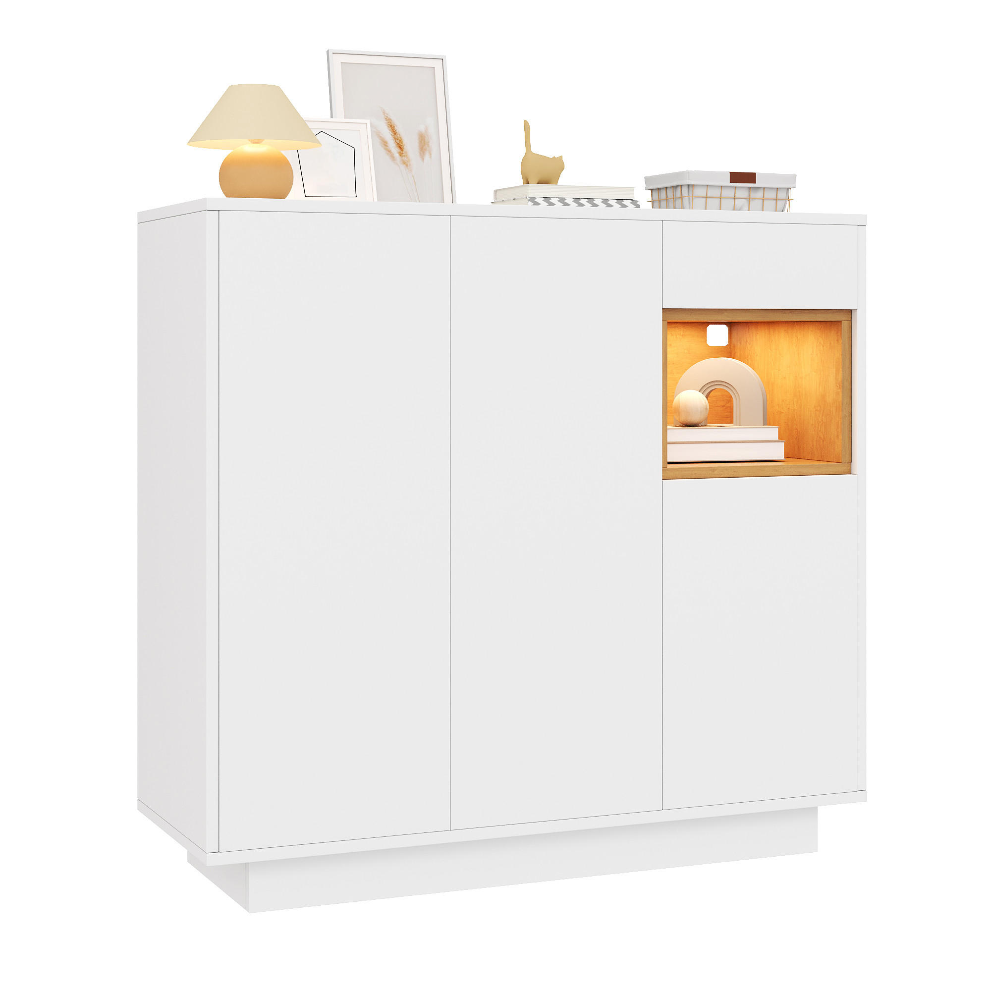 SCHUHSCHRANK mit 1 Schublade und verstellbaren Einlegeböden Weiß/Natur mit LED-Beleuchtung - Weiß/Naturfarben, Holzwerkstoff/Metall (105/100.5/39.5cm) - EVRYAE