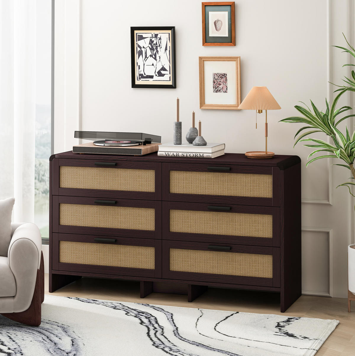 KOMMODE 130 cm aus Holzwerkstoff mit 6 Schubladen und Rattangeflecht Rotbraun - Braun, Holzwerkstoff (130/74/40cm) - Modenvie