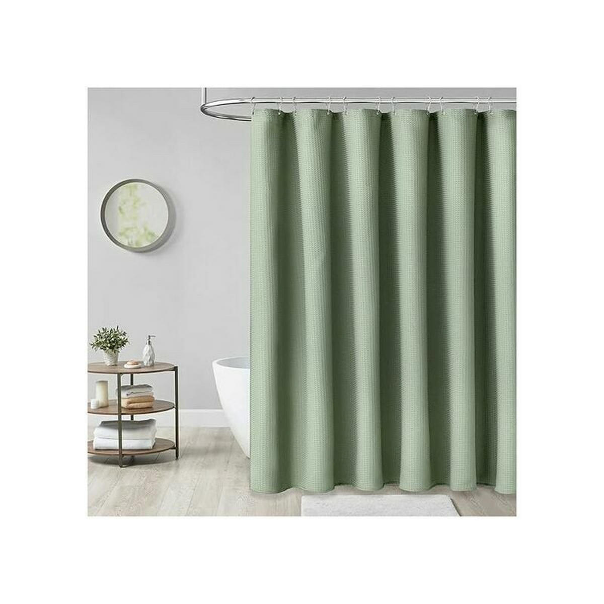 DUSCHVORHANG Grün 180 cm Waffelstruktur Stoff dick mit Ringen - Grün, Textil (80/180cm) - MCBOSON
