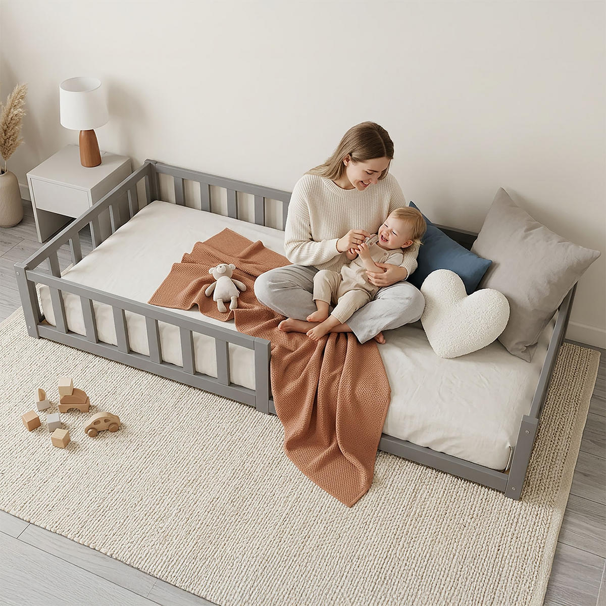 BODENBETT Grau 90x200 cm mit Lattenrost Kind - Grau, Holz (90/200cm) - Homestyle4u