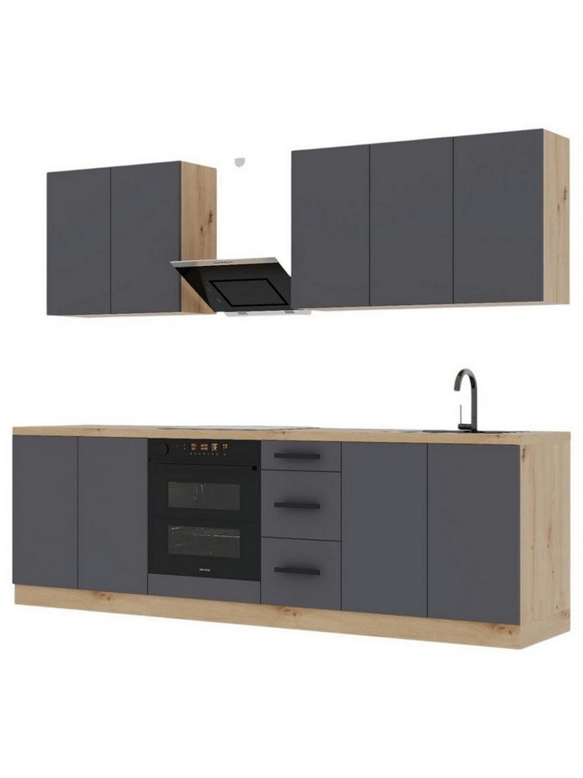 KÜCHENZEILE 260 cm – LangenK97-M260 - in Grau/Matt - Schwarz/Grau, Holzwerkstoff/Metall (260/212/52cm)
