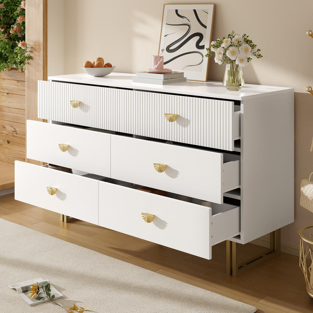 SIDEBOARD 6 Schubladen Weiß Gold MDF Stahl 120x40x75 - Weiß, Holzwerkstoff (40/75/120cm) - FLIEKS