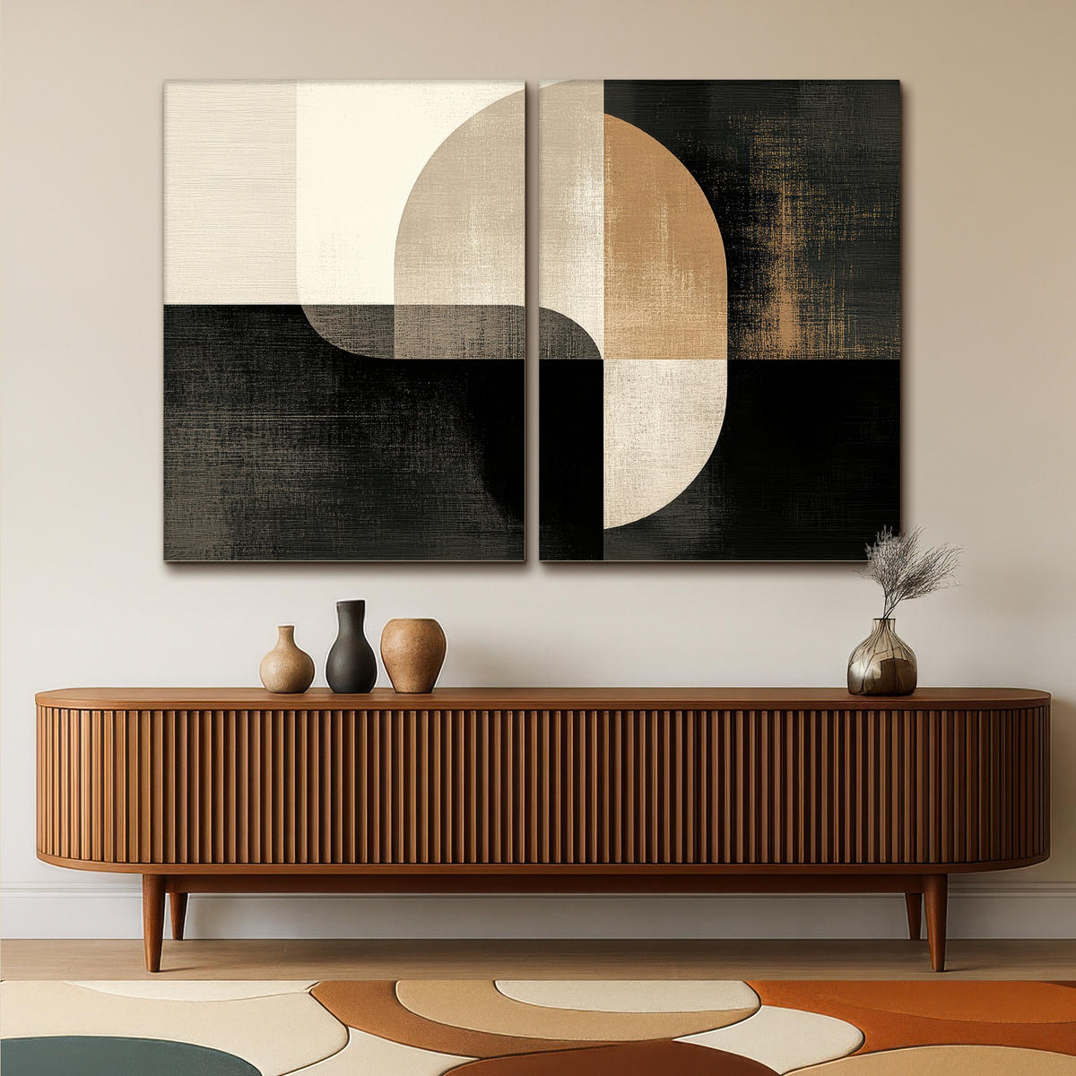 LEINWANDBILD 2er Set Formen - Abstrakt - Gold 180x120 cm - Schwarz, Textil (180/120cm) - MuchoWow