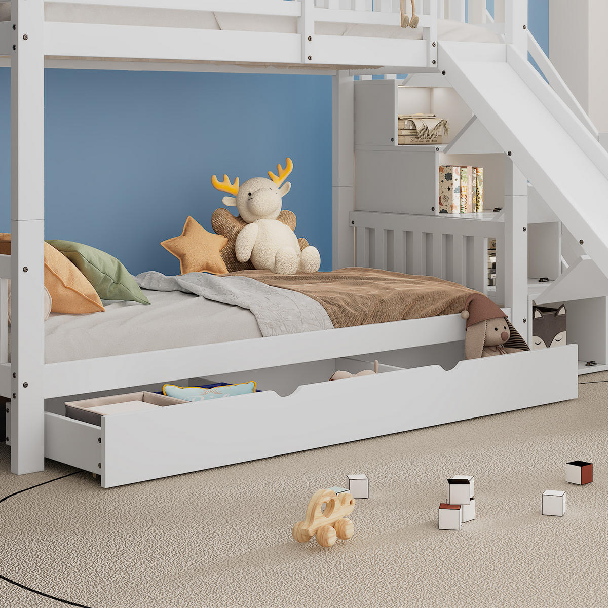 ETAGENBETT 90/200 cm Weiß mit Treppe und Rutsche aus Kiefernholz und MDF - Weiß, Holzwerkstoff (90/200cm) - OKWISH