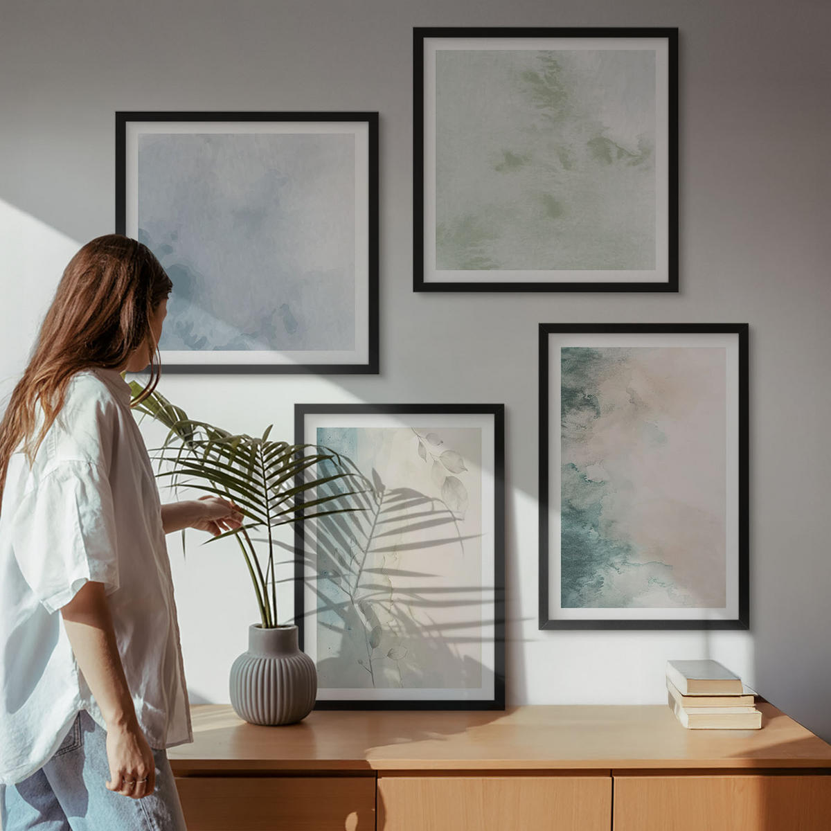 WANDBILDER 4er-Set - 50x50 cm & 40x60 cm Schwarzer Rahmen - Aquarell-Leinwandstil - Schwarz, Kunststoff (50/50cm) - ArtPrintCave